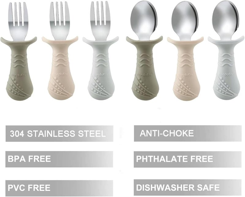 PandaEar Baby Toddler Fork and Spoon Utensil Set, 6 Pack Silicone Stainless Steel Silverware Spoon Fork for Babies Toddler, BPA Free with Silicone Holding Anti-Choke Design (Light Tan&Walnut&Grey) - Image 3